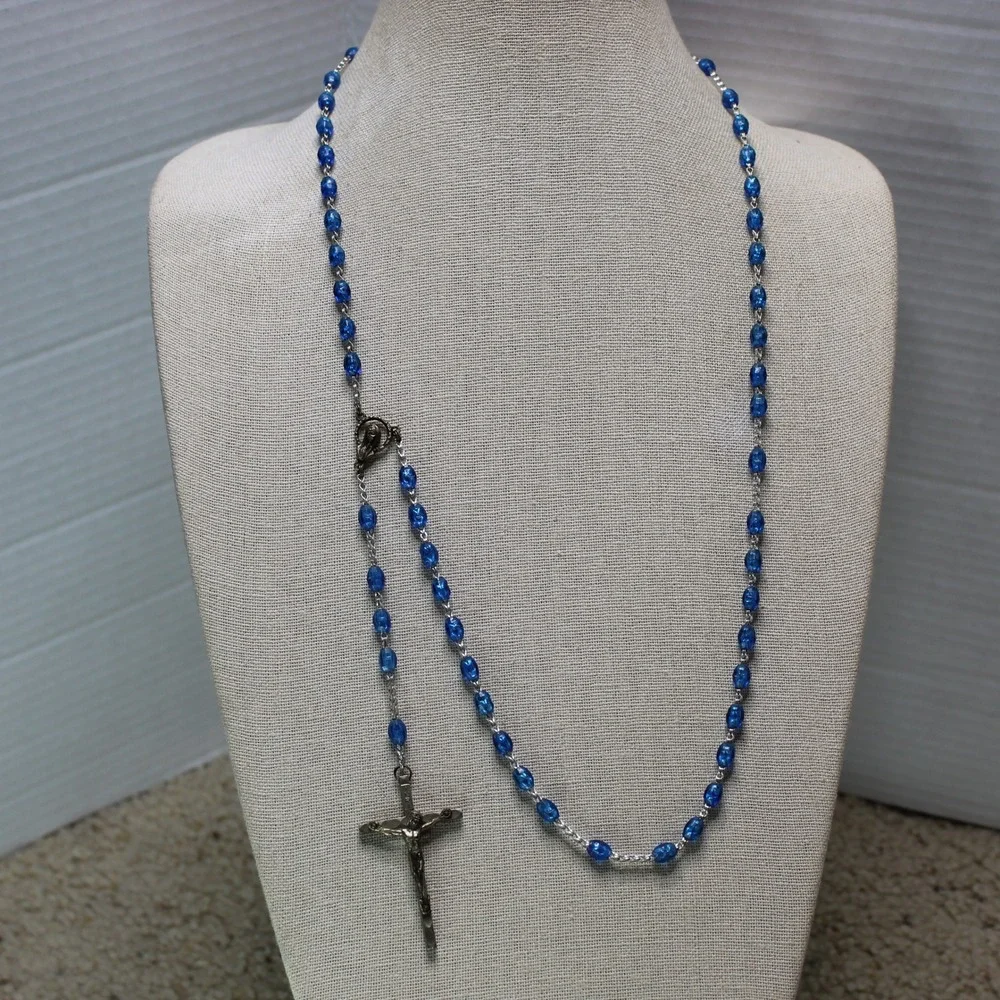 Vintage Rosary Blue Faceted Glass Bead Italy Crucifix Catholic Prayer Necklace